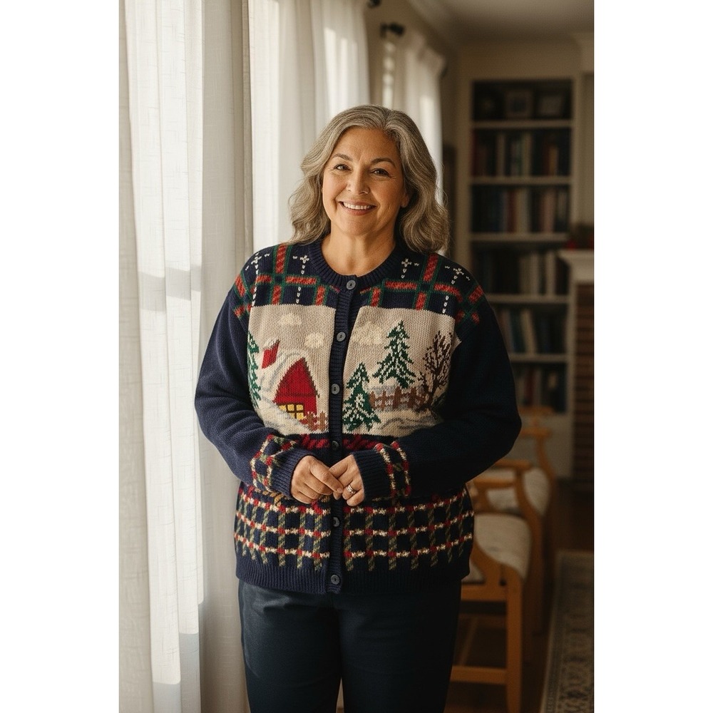 Ashley designs Vintage Christmas Tree Cardigan Sweater Petite L Hand Embroidered